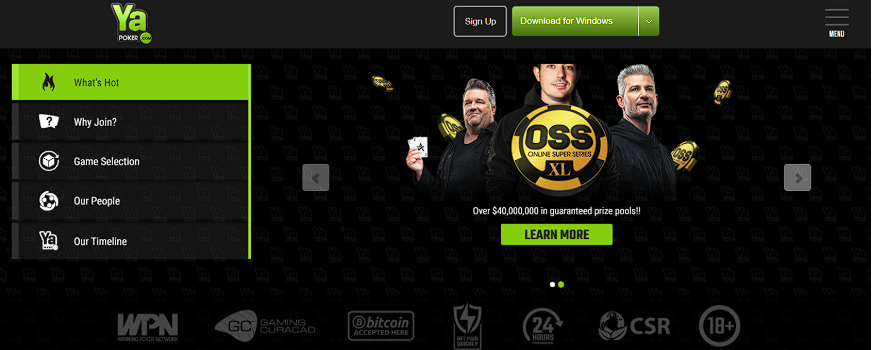 YA Poker welcome page and client preview